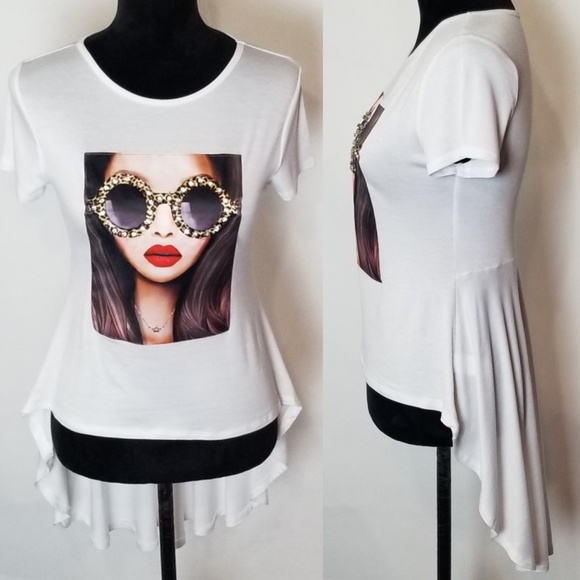 High Low Tee Shirt  With Faux Diamond Accent - Picture 4 of 6